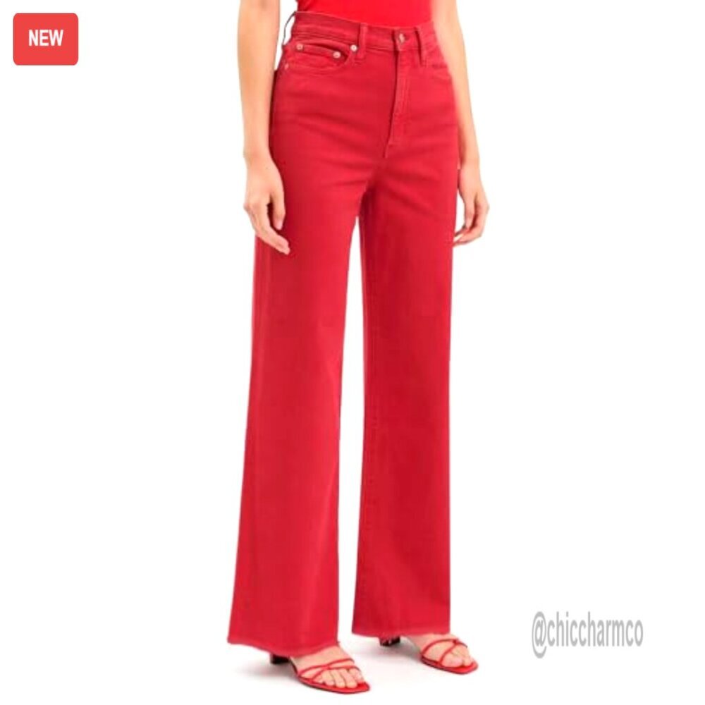 High Waisted Stretch Denim Jeans Straight Leg Flare Raw Hem Pants - Picture 5 of 7